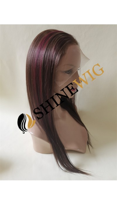 16inch BROWN and wine 99J highlights color silk straight human hair natural full lace wig