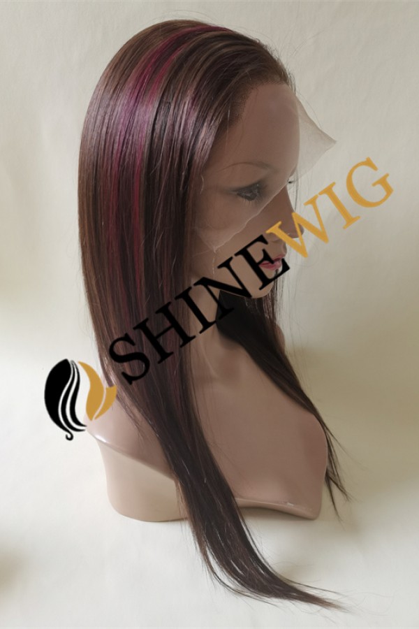 16inch BROWN and wine 99J highlights color silk straight human hair natural full lace wig