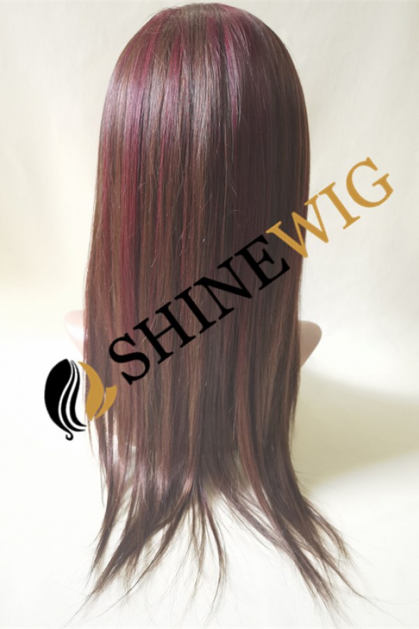 16inch BROWN and wine 99J highlights color silk straight human hair natural full lace wig